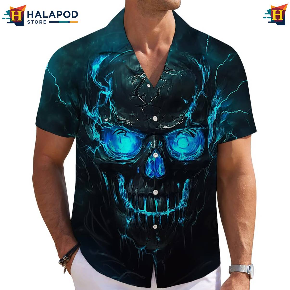 Blue Skull Tropical Short-sleeve button-up shirt Mens Short Sleeve Floral Button Down Men
