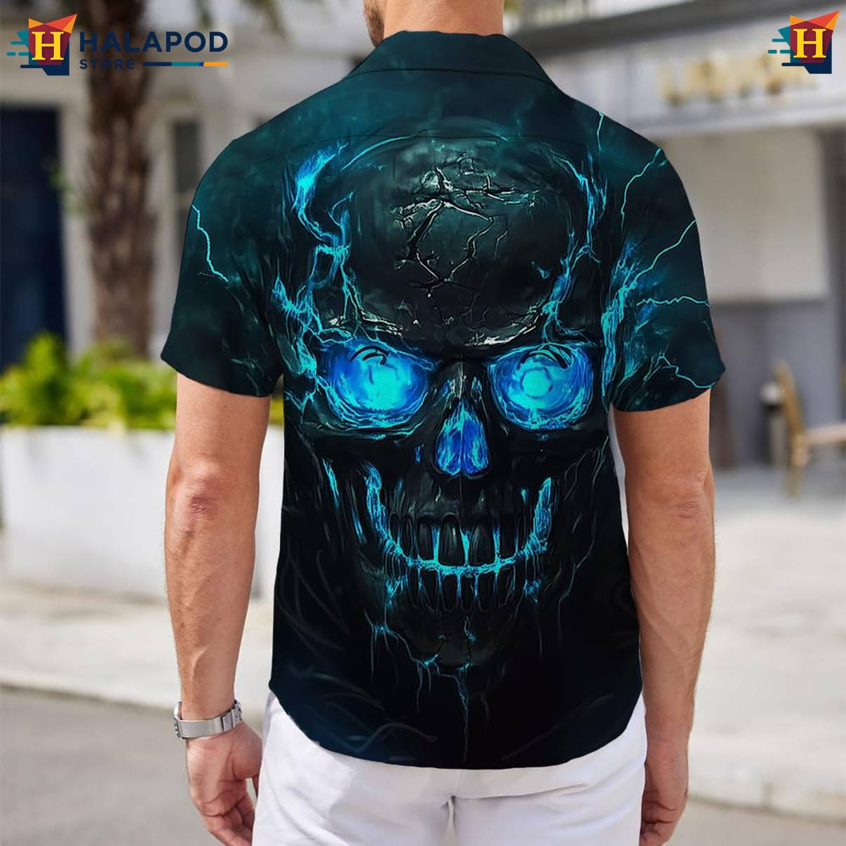 Blue Skull Tropical Aloha Shirt Mens Short Sleeve Floral Button Down Men