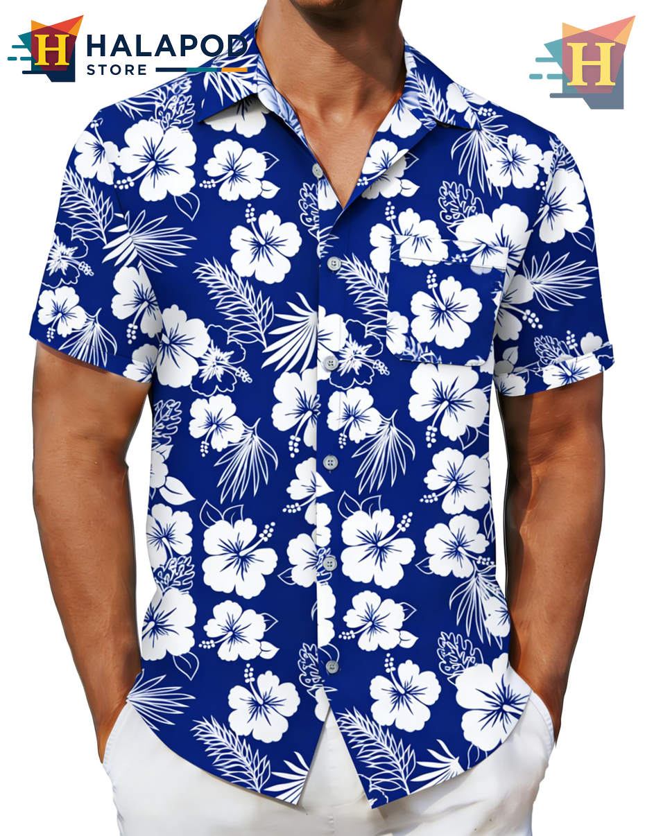 Blue White Flower Hawaiian Shirt Casual Summer Beach Tropical Outfits Mens Apparel