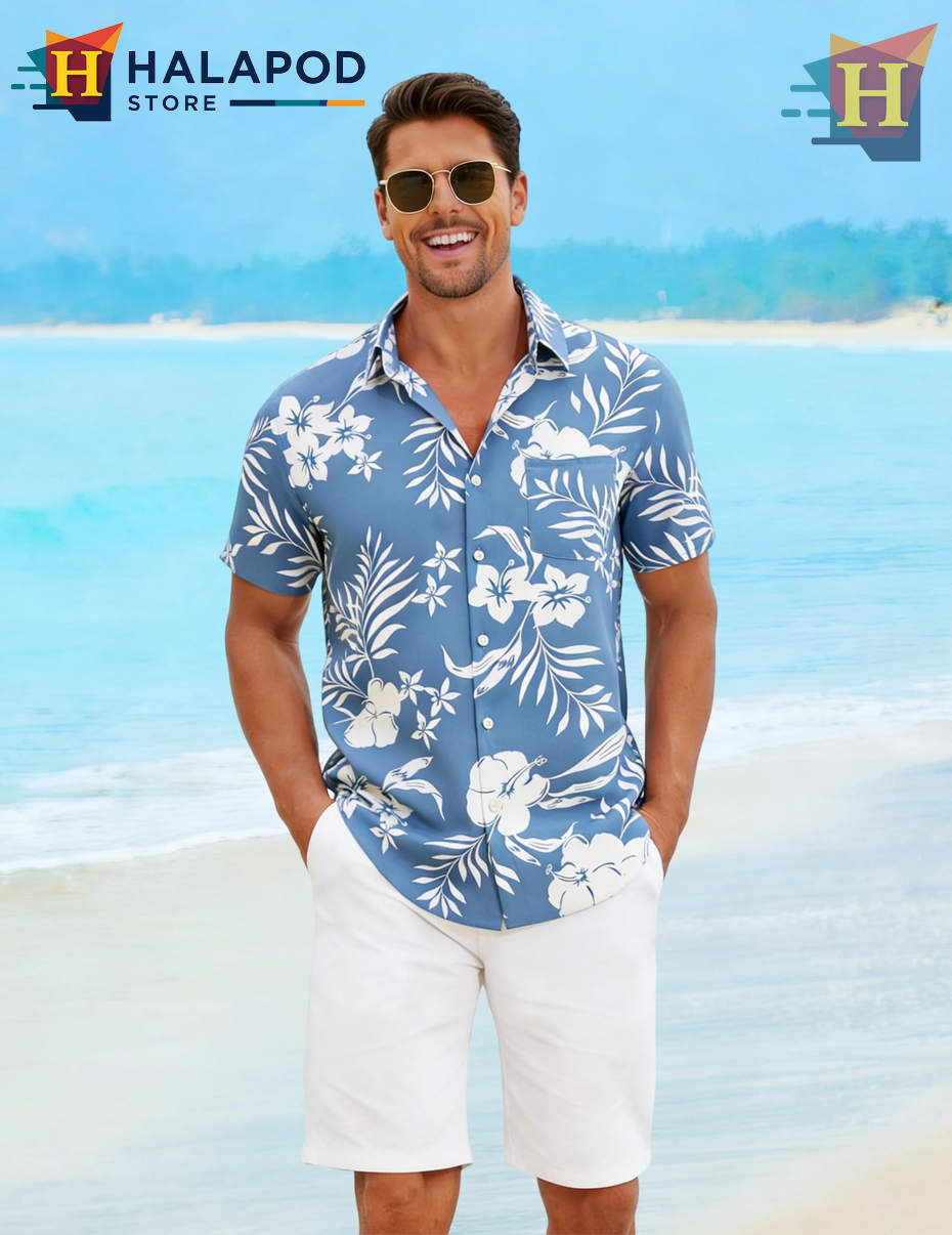 Blue White Flower Hawaiian Shirt Tropical Summer Beach Vacation Graphic Shirt