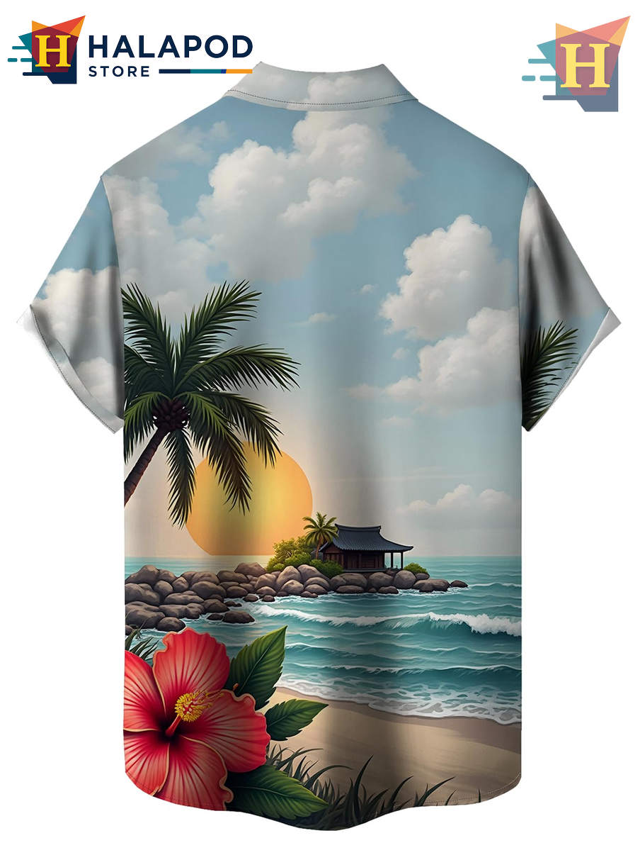 Blue White Sky Hawaiian Shirt Tropical Holiday Casual Summer Beach Mens Shirt