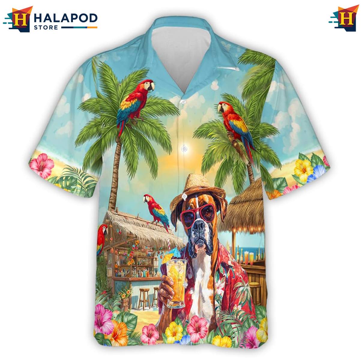 Boxer Dog Hawaiian Shirt Funny Pattern Mens Summer Casual Beach Button Tops