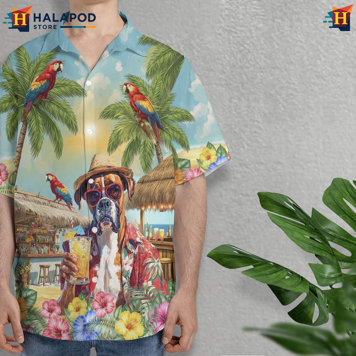 Boxer Dog Aloha Shirt Funny Pattern Mens Summer Casual Beach Button Tops