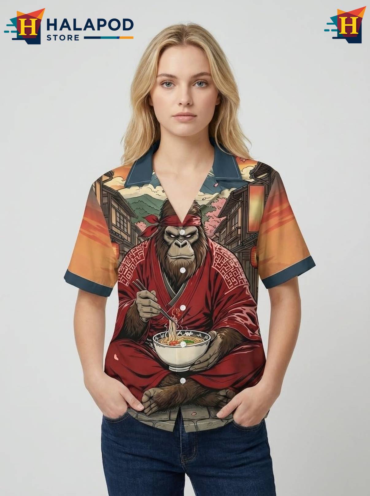Brown Gorilla Japanese Aloha Shirt Tropical Beach Short Sleeve Casual