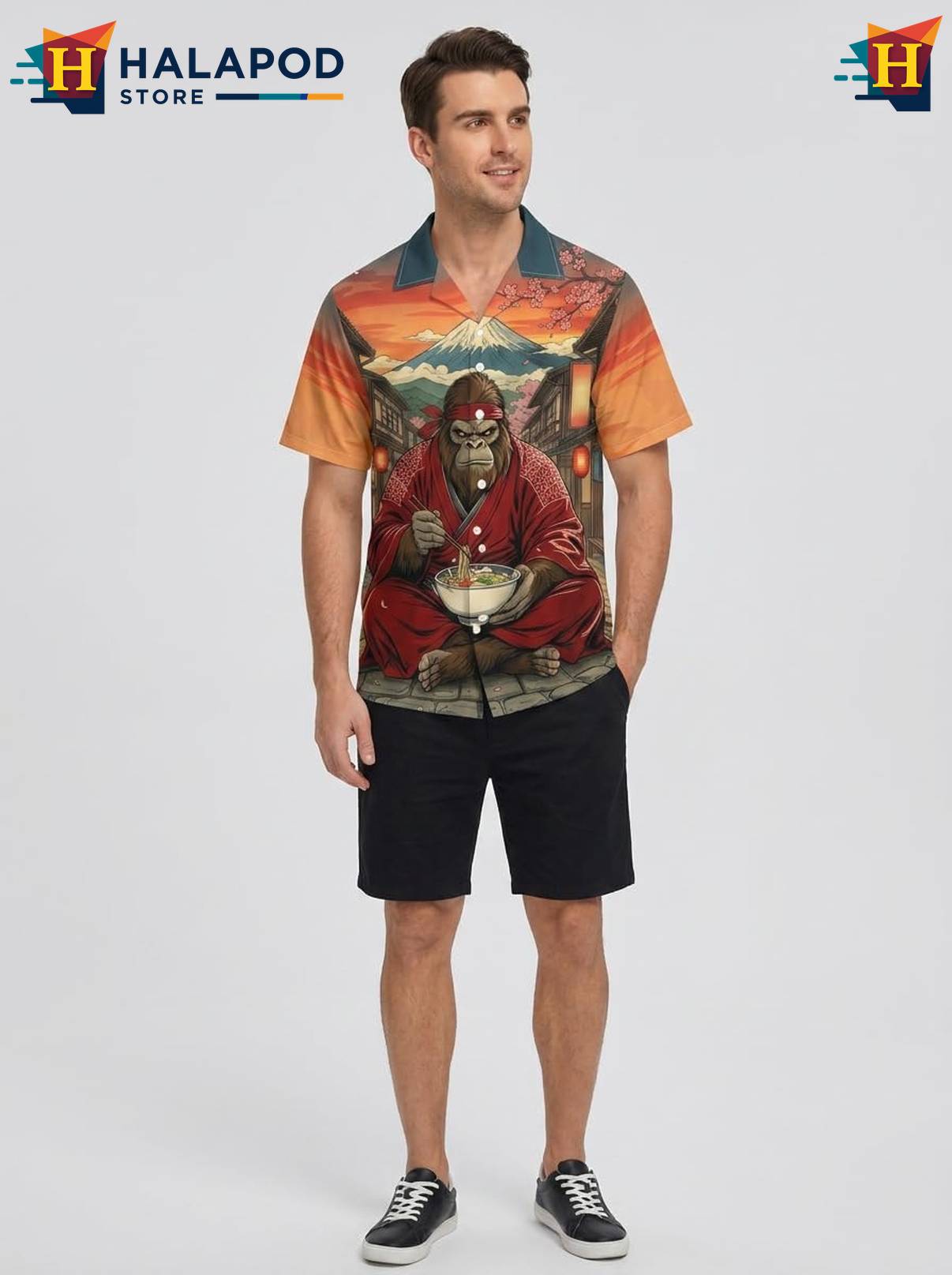 Brown Gorilla Japanese Short-sleeve button-up shirt Tropical Beach Short Sleeve Casual