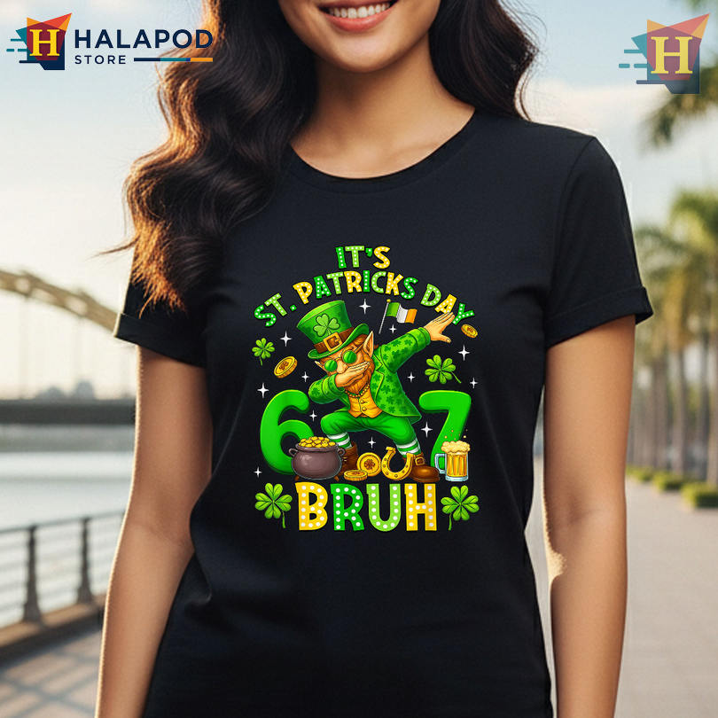 Bruh Six Seven Dabbing Leprechaun Meme Tee St Patricks Day Shirts For Women Kids