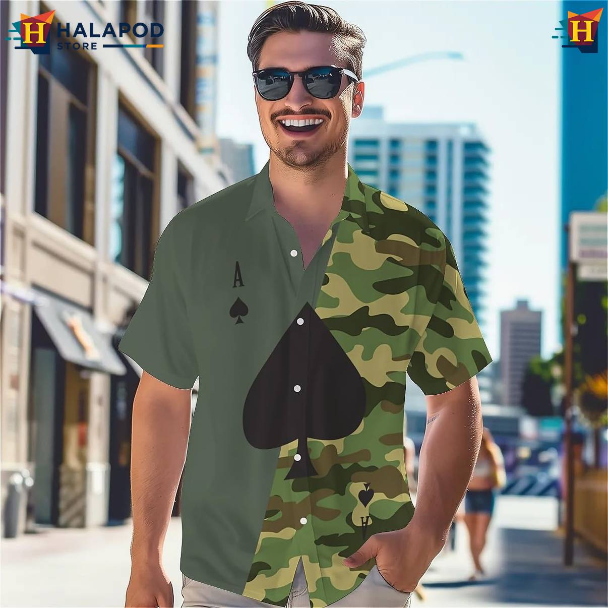 Camouflage Poker Print Tropical Shirt Mens Short Sleeve Floral Button Down