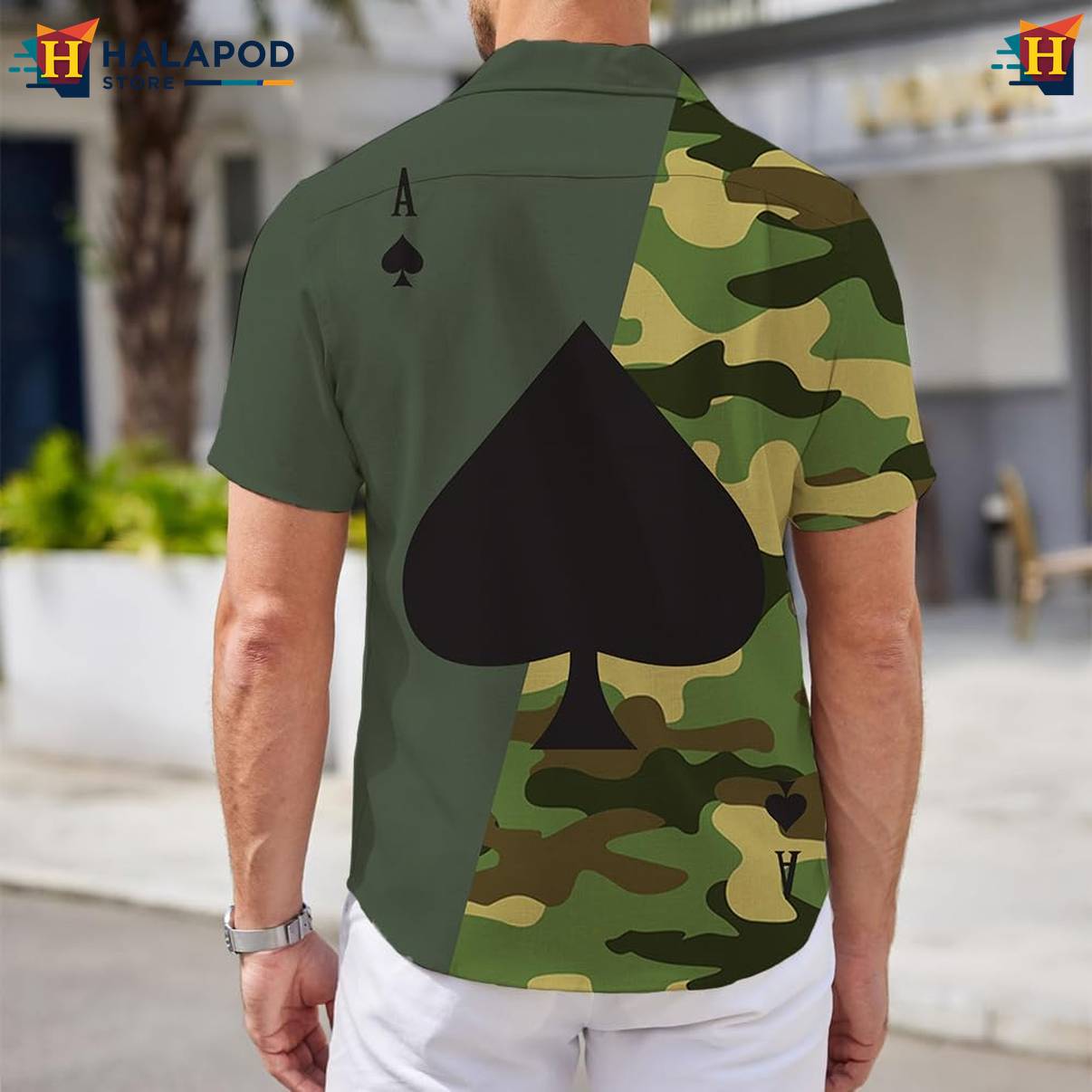 Camouflage Poker Print Aloha Shirt Mens Short Sleeve Floral Button Down