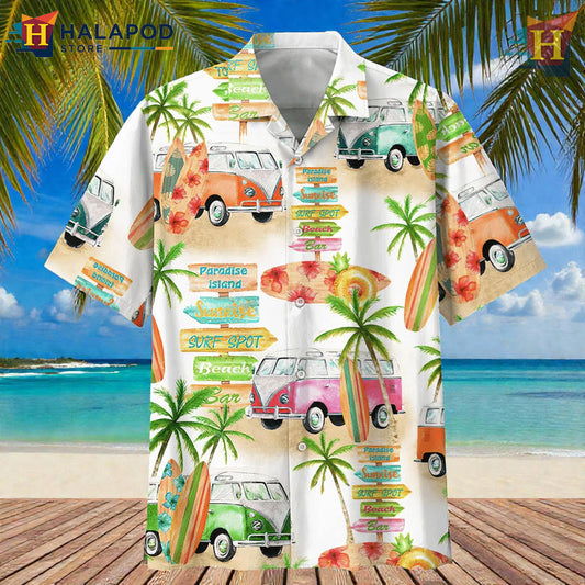 Camper Van Beach Scene Mens Funny Hawaiian Shirts for Coastal Summer Trips