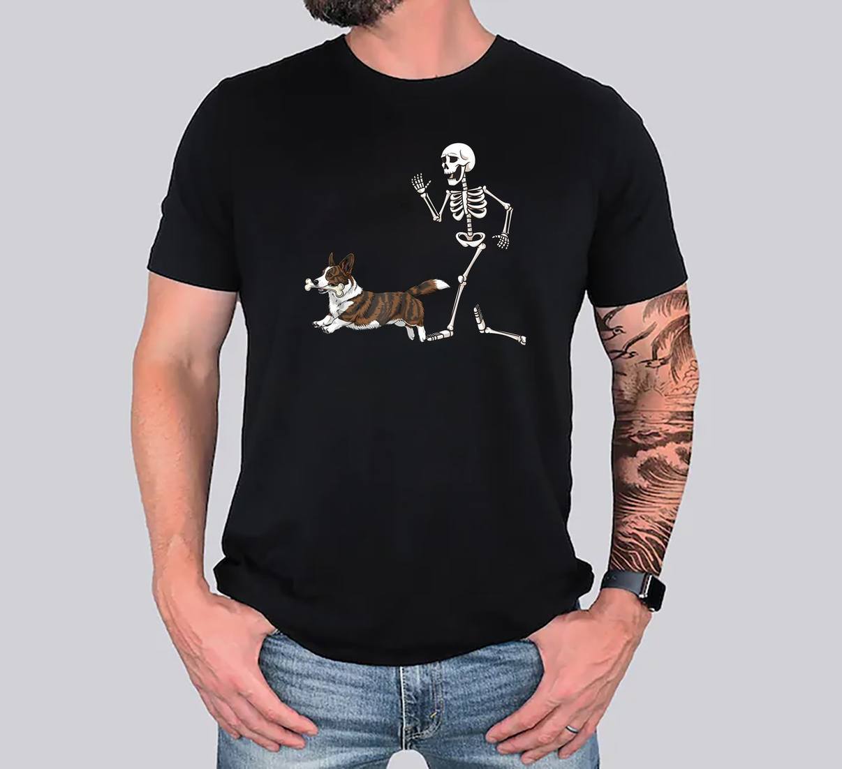 Cardigan Welsh Corgi Halloween T-Shirt Funny Skeleton Graphic Apparel Mens