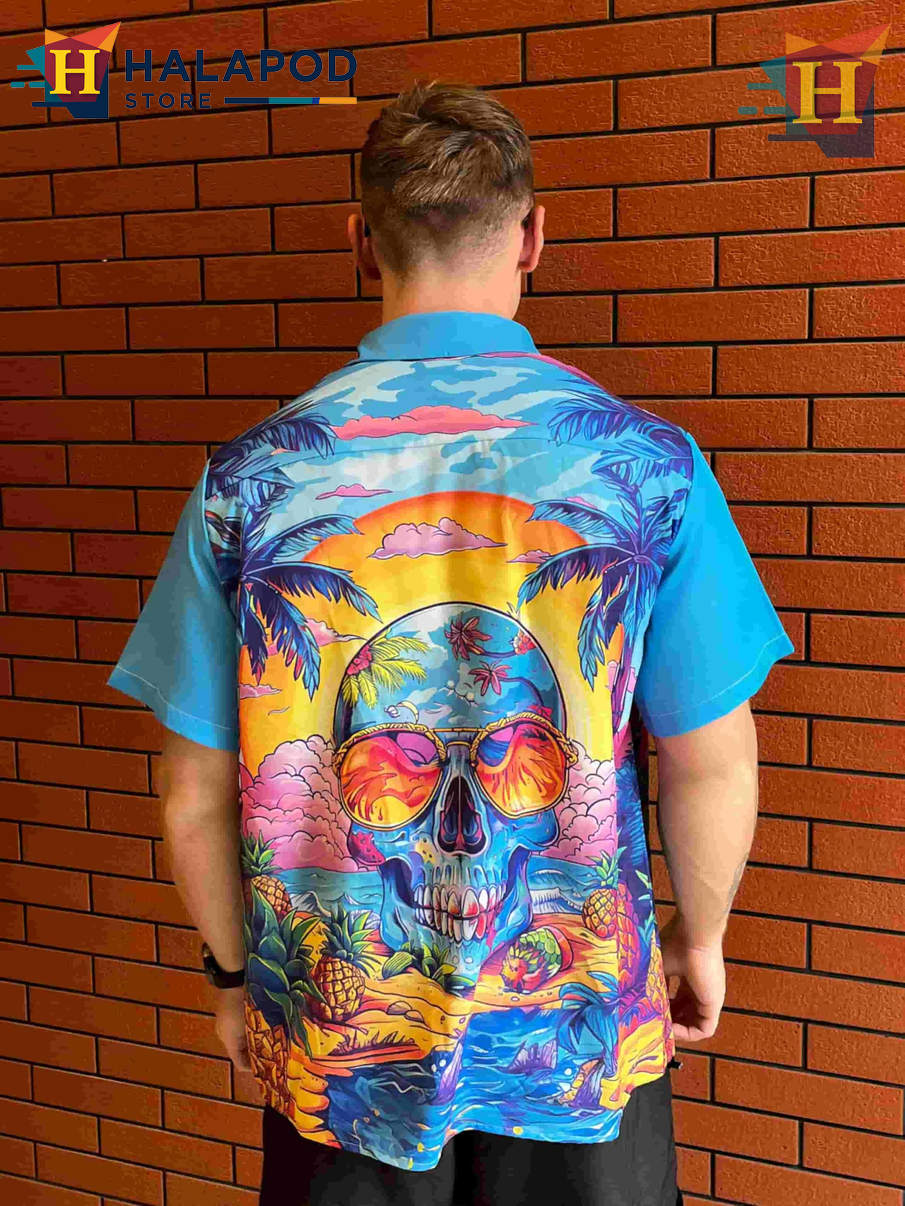 Casual Skull Hawaiian Shirt Funny Bold Graphic Tropical Beach Vacation Shirt