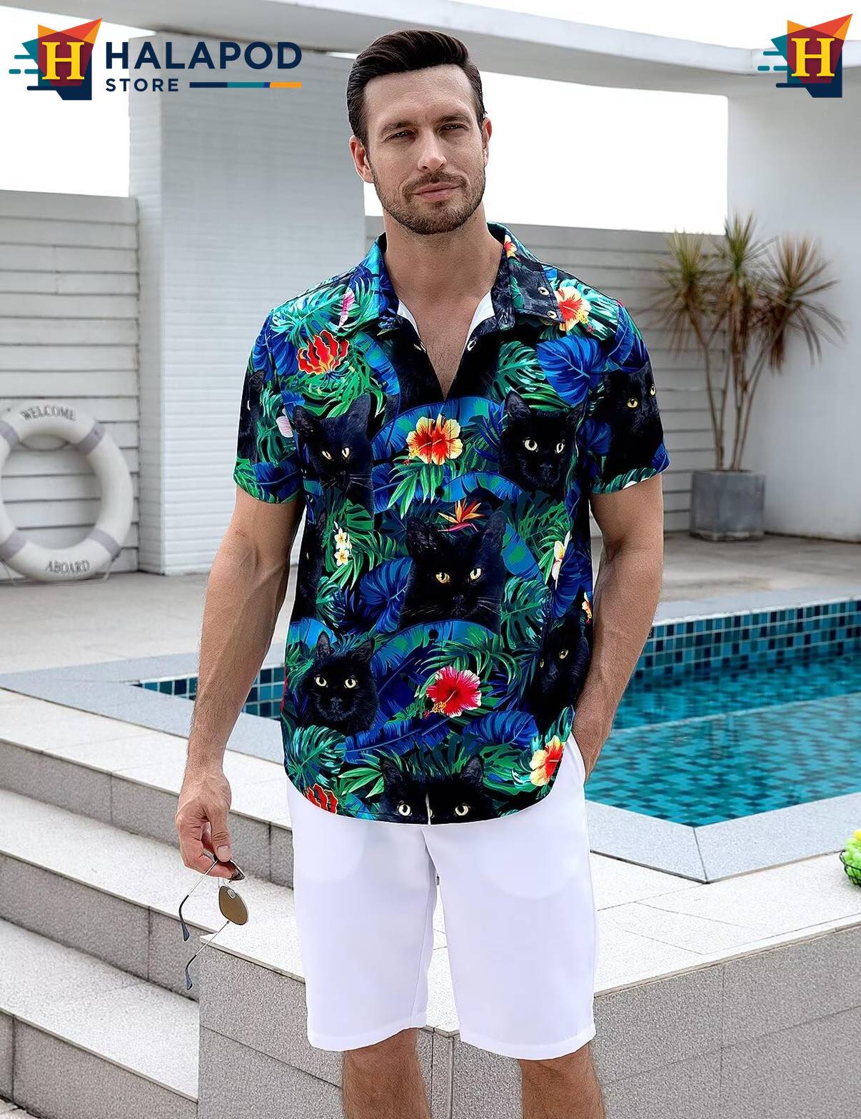 Cat Black Tropical Short-sleeve button-up shirt Mens Beach Button Down Short Sleeve Tops