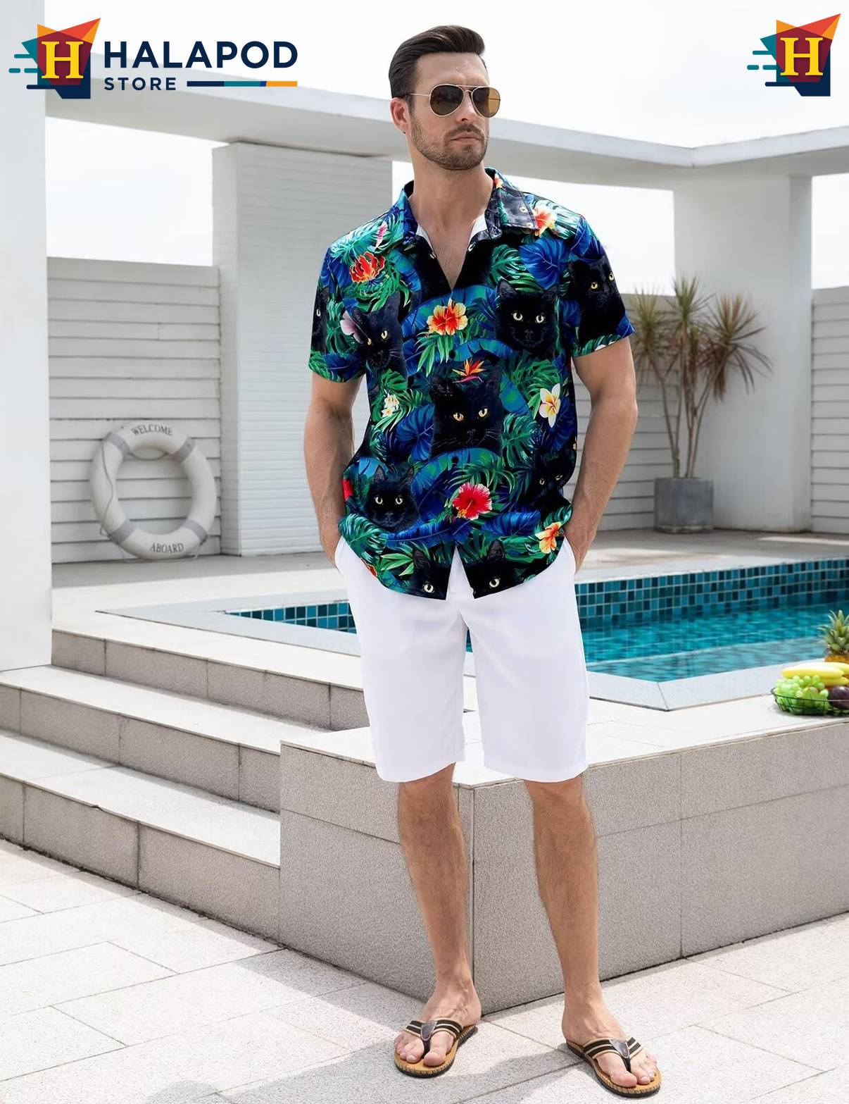 Cat Black Tropical Aloha Shirt Mens Beach Button Down Short Sleeve Tops