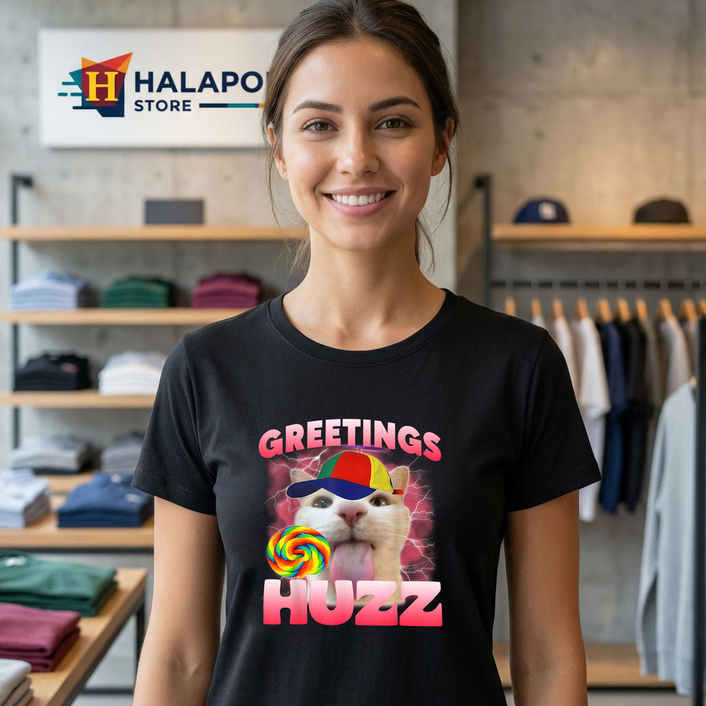 Cat Meme Greetings Huzz Shirt 2026 Funny Silly Lover For Women Mom Fan Apparel