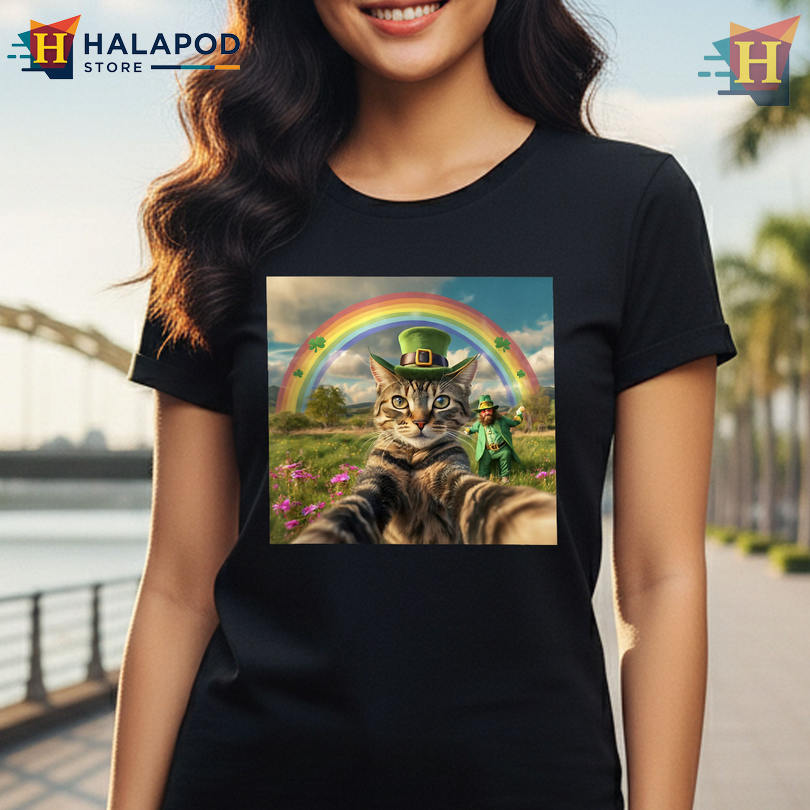 Cat Selfie With Leprechaun Funny Photo Shirt St Patricks Day Playful