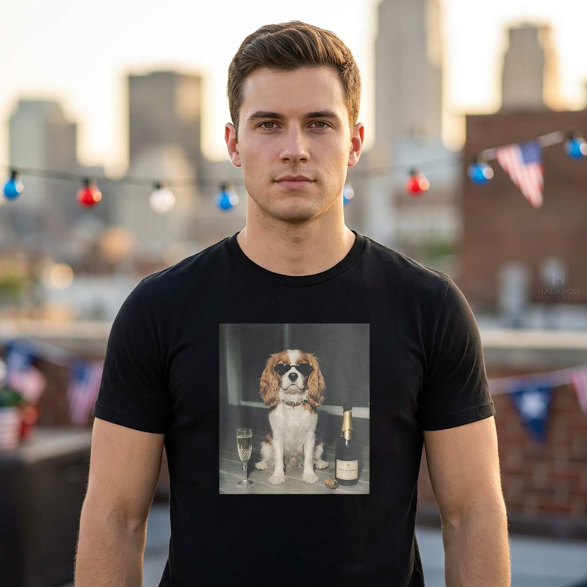 Cavalier King Charles Dog Shirt Drinking Champagne Funny Graphic Mens