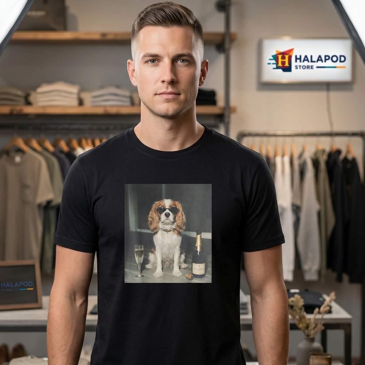 Cavalier King Charles Dog Tee Shirt Drinking Champagne Funny Graphic Mens