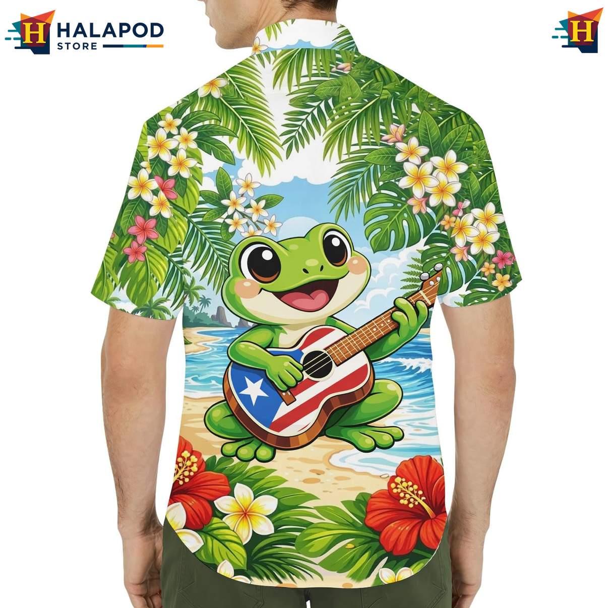 Cheerful Frog Short-sleeve button-up shirt, Vibrant Tropical Design With Palm Leaves And Flowers