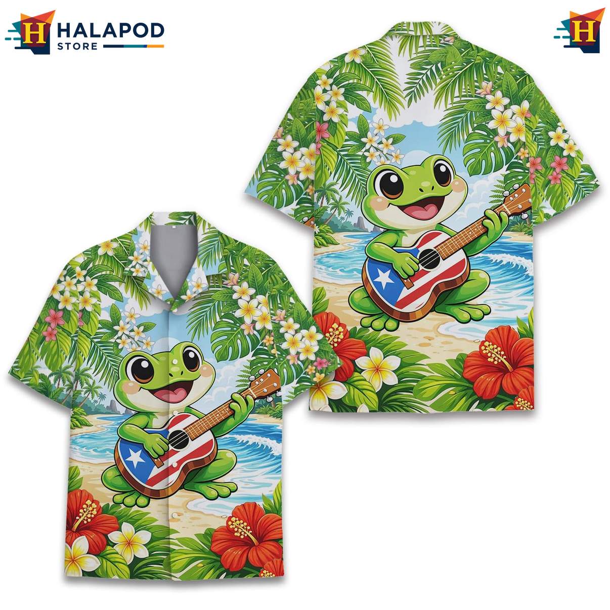 Cheerful Frog Tropical Shirt, Vibrant Tropical Design With Palm Leaves And Flowers