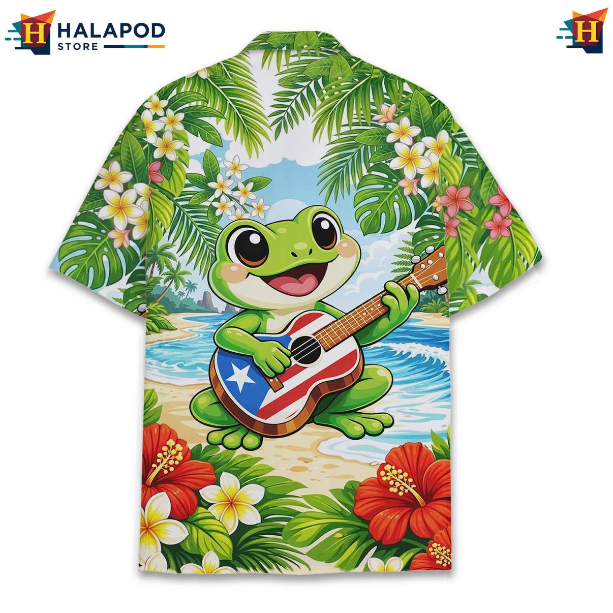 Cheerful Frog Short-sleeve button-up shirt, Vibrant Tropical Design With Palm Leaves And Flowers