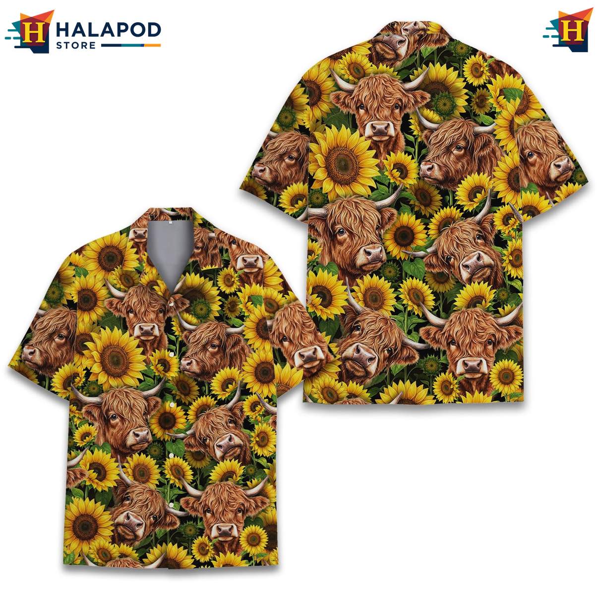 Cheerful Highland Cow Short-sleeve button-up shirt, Vibrant Summer Button Down With Sunflowers
