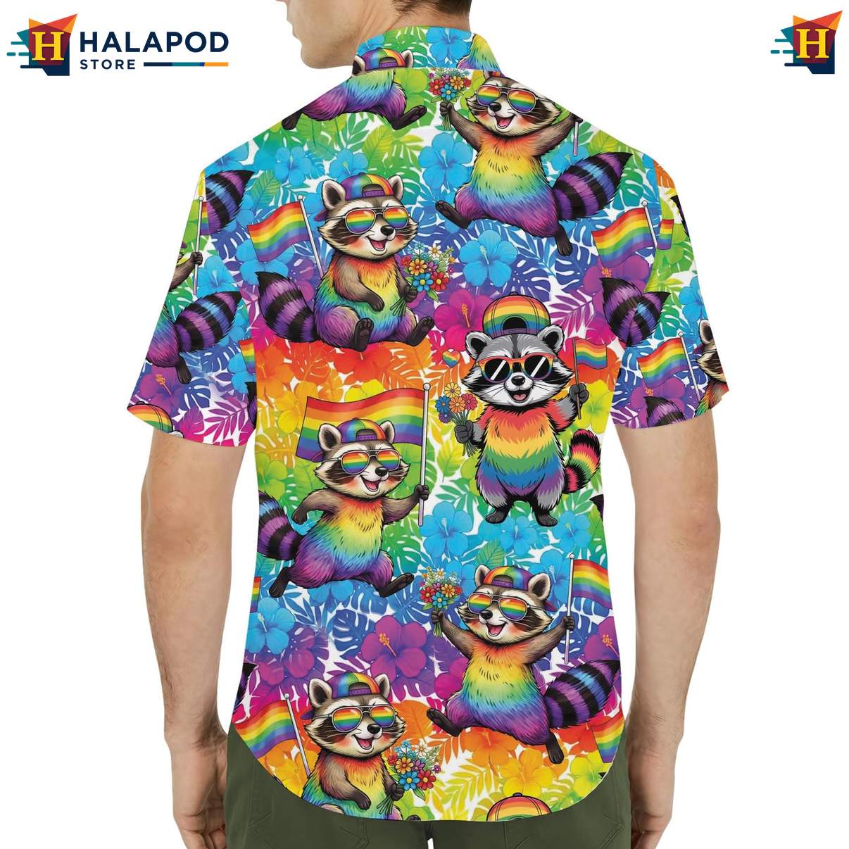 Cheerful Raccoon Short-sleeve button-up shirt, Vibrant Summer Button Down For Beach Lovers