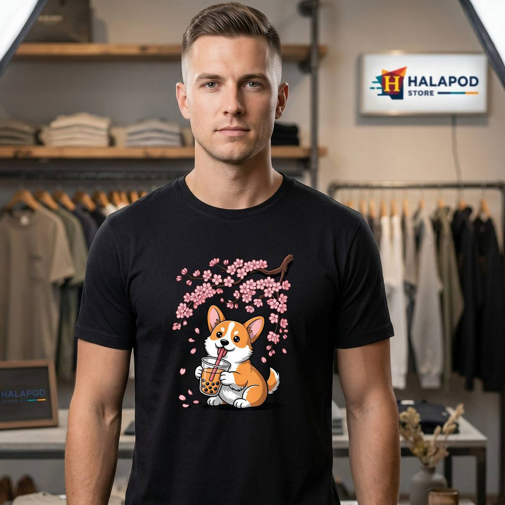 Cherry Blossoms Corgi Boba Shirt Bubble Tea Kawaii Drink Graphic For Men