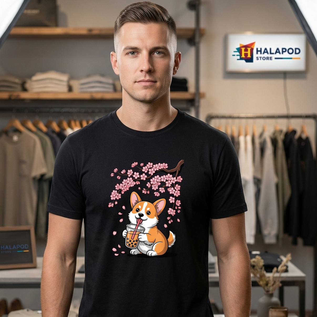 Cherry Blossoms Corgi Boba Shirt Bubble Tea Kawaii Drink Graphic For Men