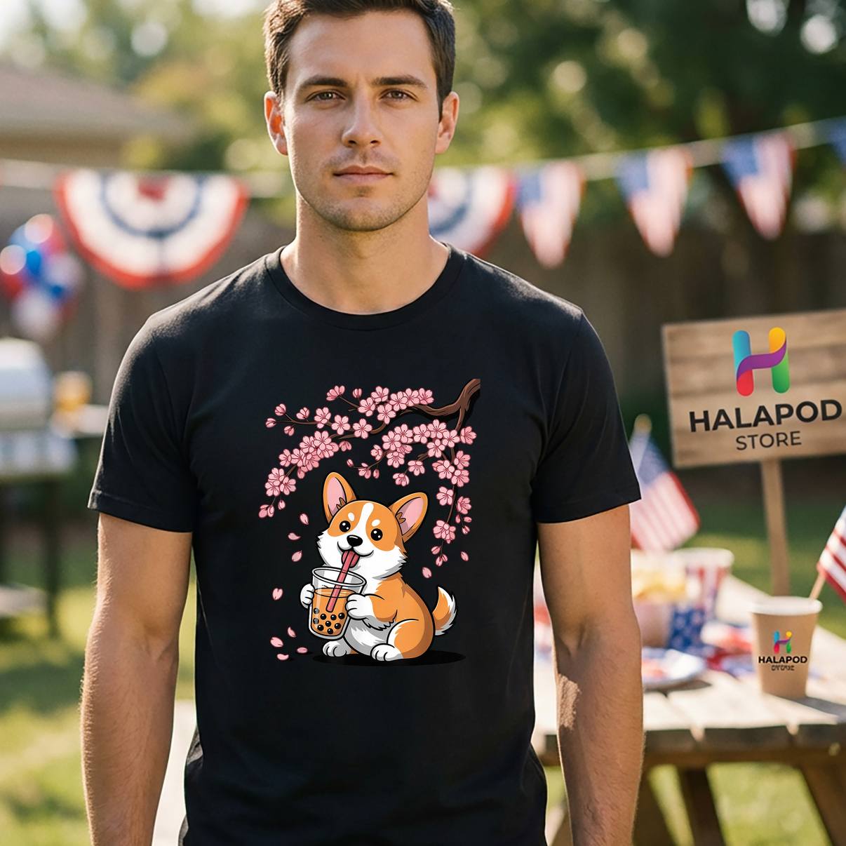 Cherry Blossoms Corgi Boba Tee Shirt Bubble Tea Kawaii Drink Graphic For Men