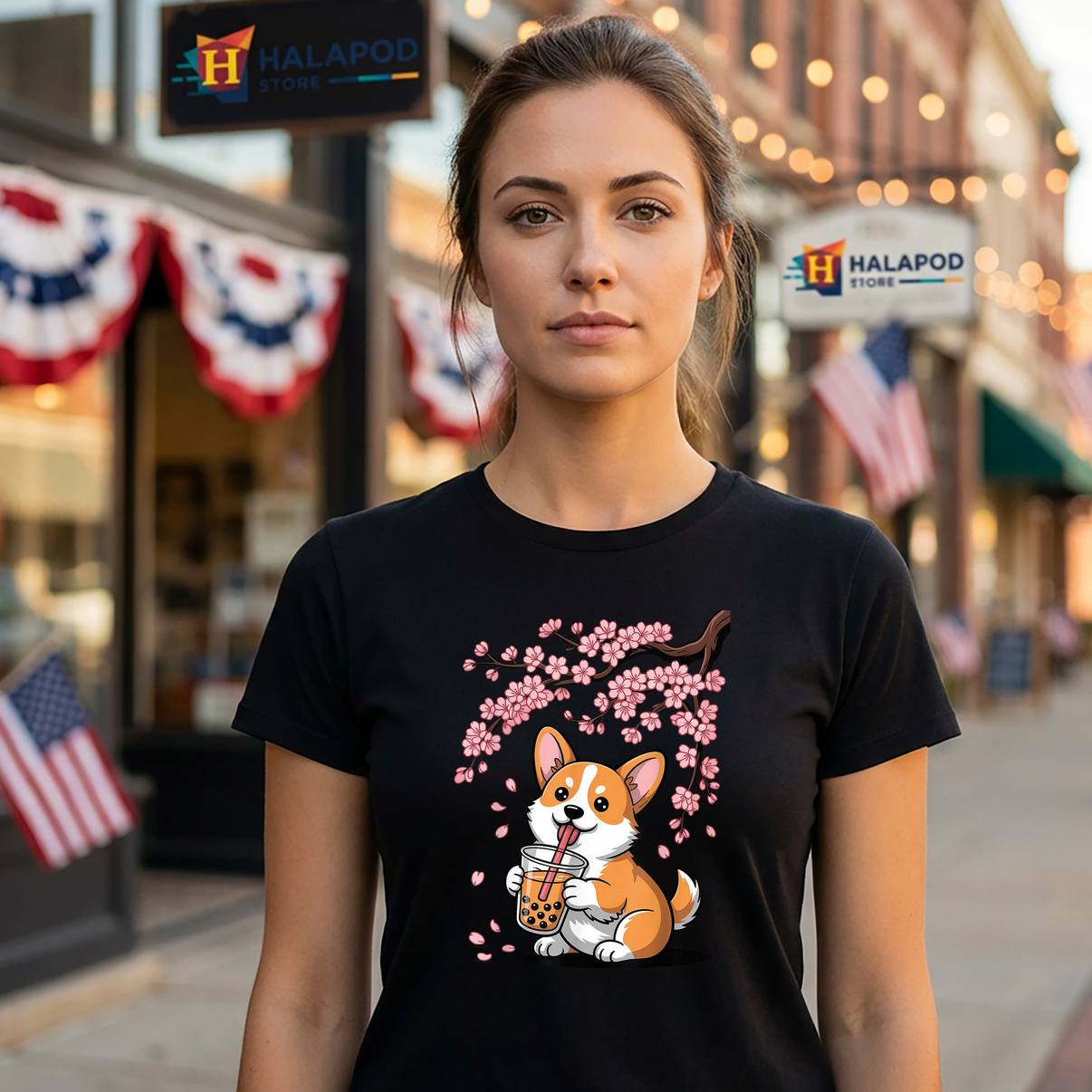 Cherry Blossoms Corgi Boba TShirt Bubble Tea Kawaii Drink Graphic For Men