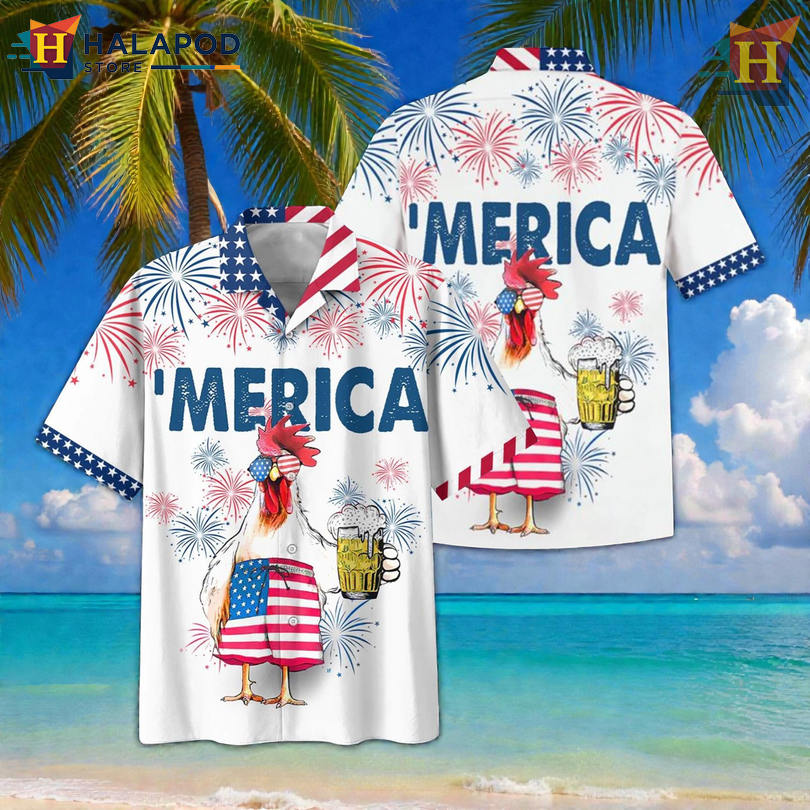 Chicken Drinking Beer 4th July Matching Family Hawaiian Outfits for Festive Fun