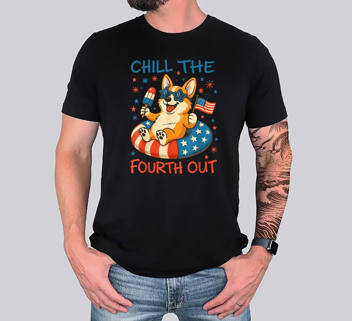 Chill The Fourth Out Corgi T-Shirt Cute Patriotic 4th Of July Graphic Men