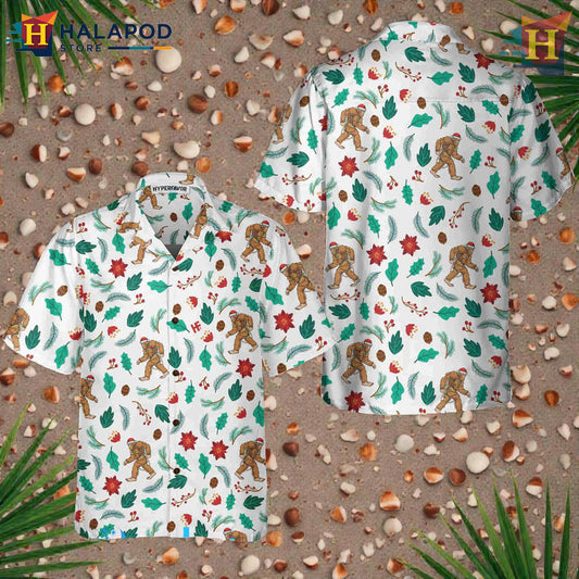 Christmas Bigfoot Pattern Hawaiian Shirt Outfit with Playful Holiday Sasquatch Art
