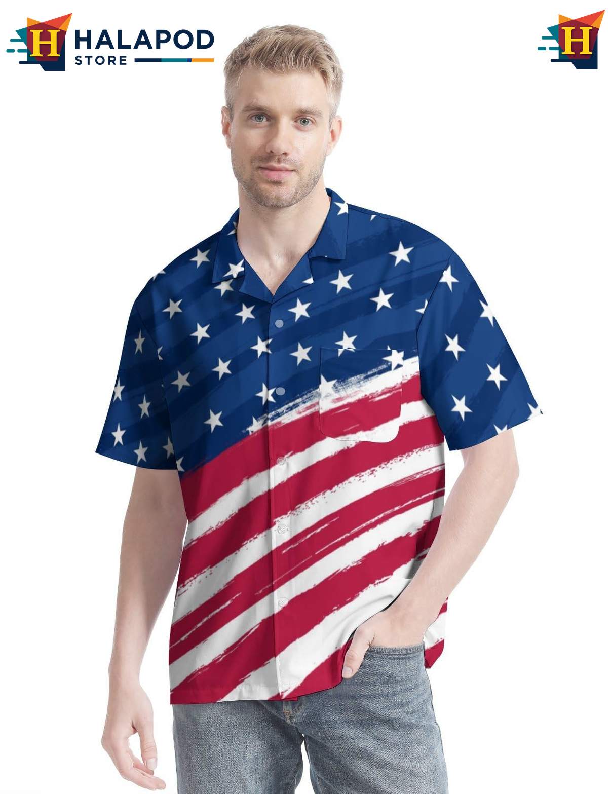 Classic American Aloha Tee Shirt, Patriotic Button Up Tropical Shirt For Casual Gatherings