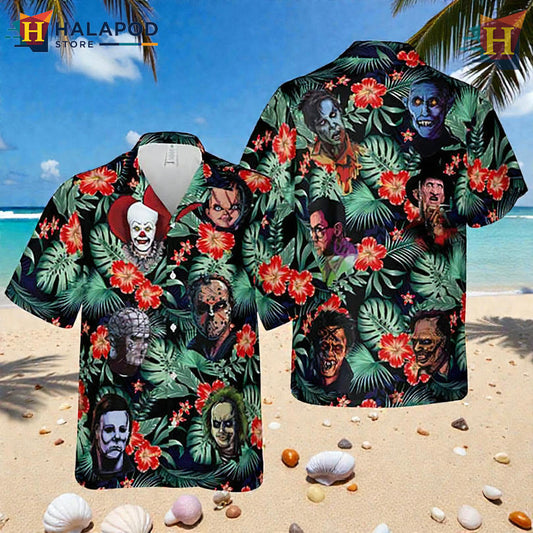 Classic Horror Movie Characters Print In Tropical Hawaiian Shirt Statement Look