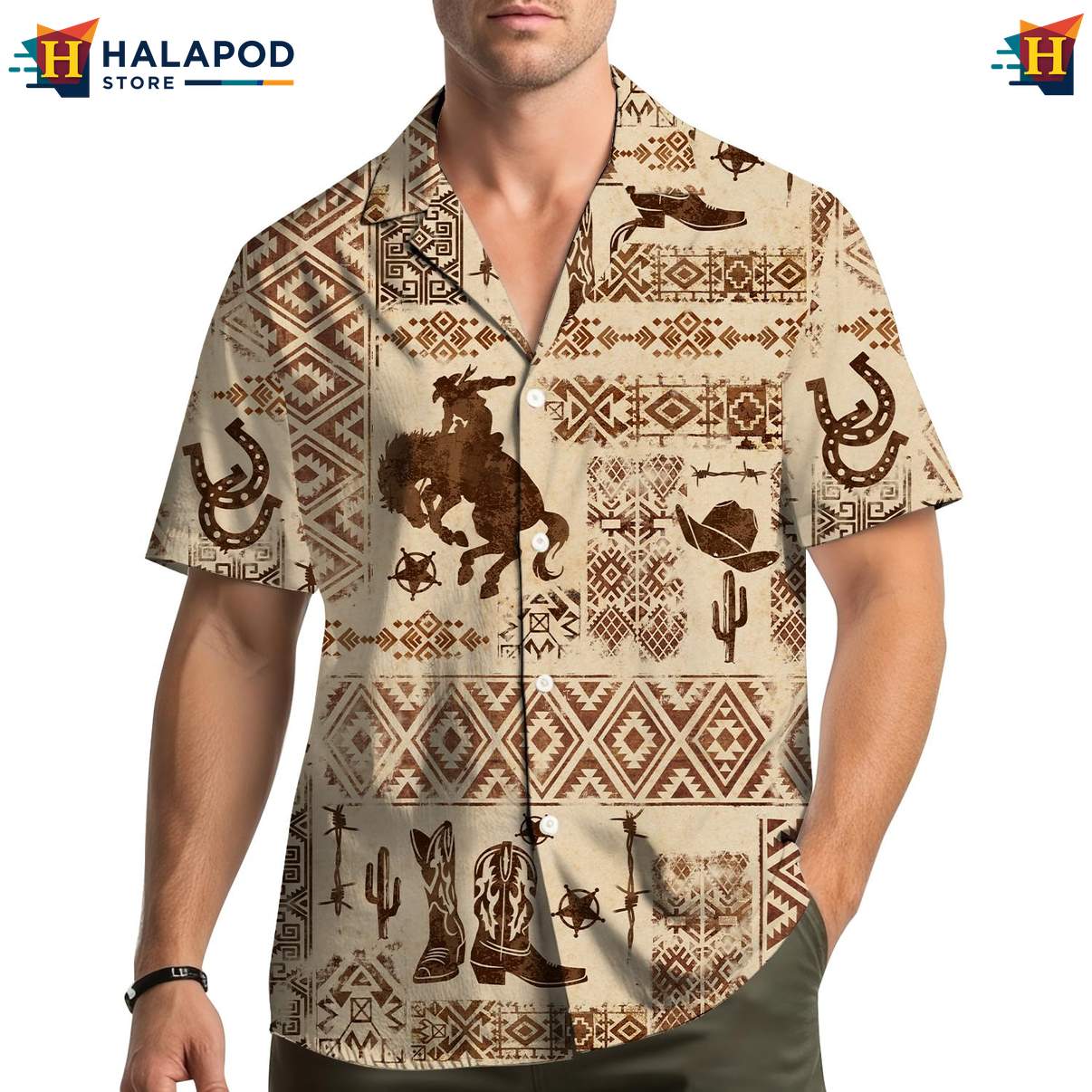 Classic Horse Aloha Shirt, Beige Cowboy Summer Shirt With Horses And Cacti