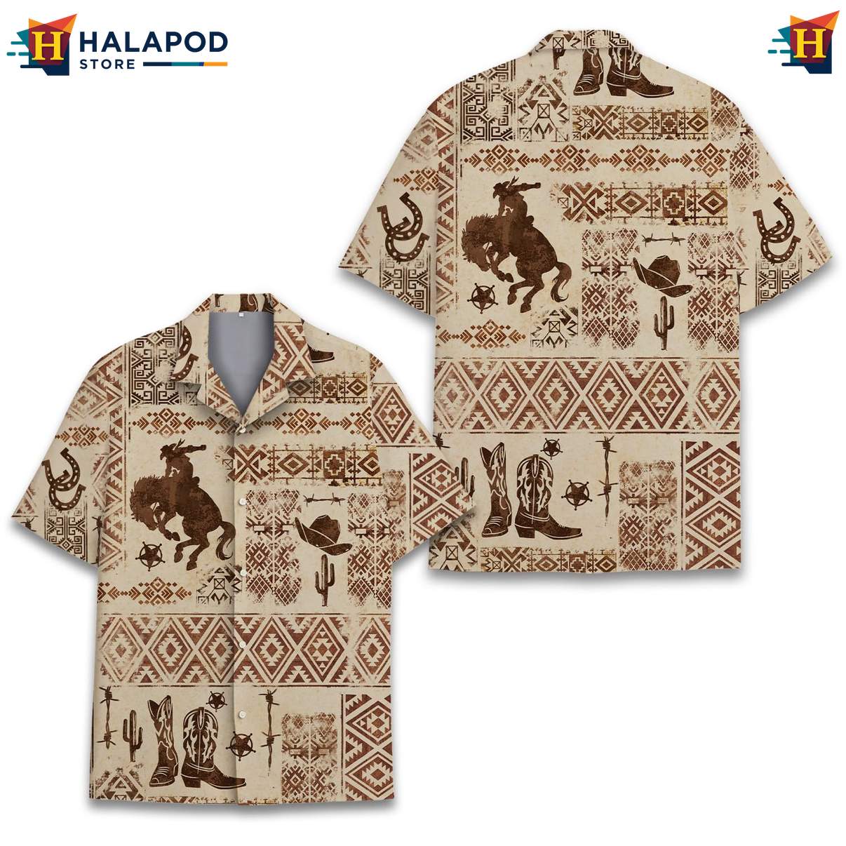 Classic Horse Aloha Tee Shirt, Beige Cowboy Summer Shirt With Horses And Cacti