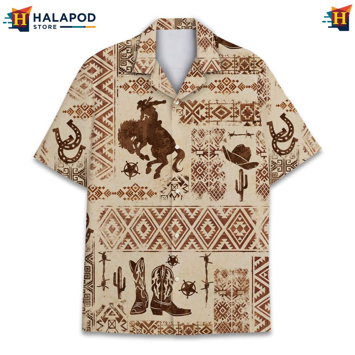 Classic Horse Aloha T-Shirt, Beige Cowboy Summer Shirt With Horses And Cacti