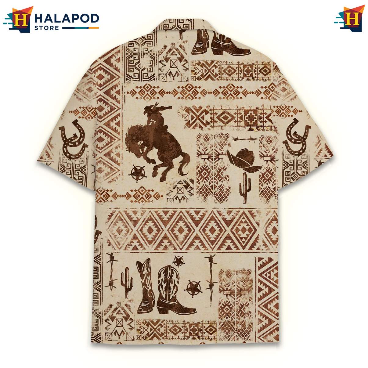 Classic Horse Aloha TShirt, Beige Cowboy Summer Shirt With Horses And Cacti