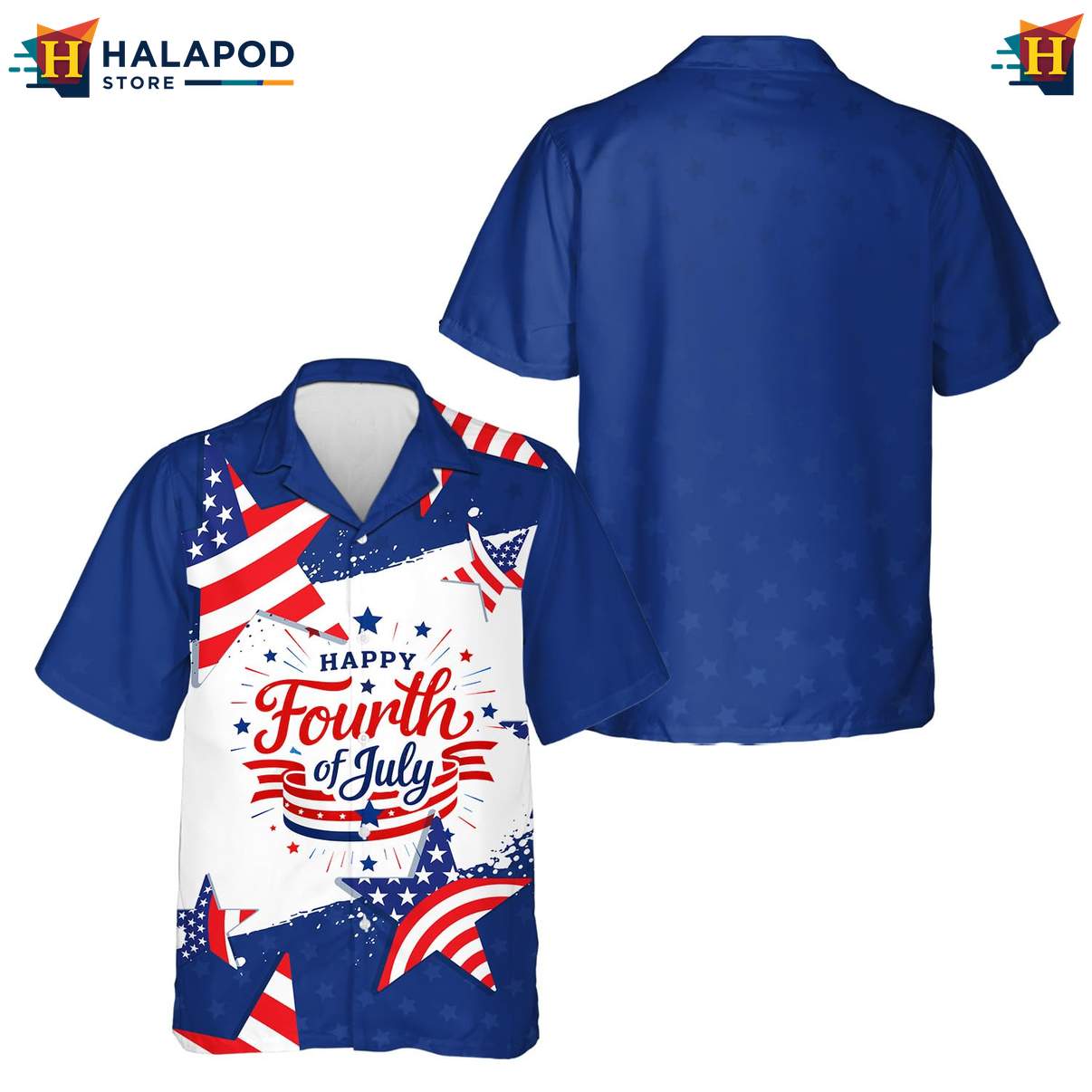 Classic Patriotic Short-sleeve button-up shirt, Navy Blue Red White Stars Stripes For 4th Of July