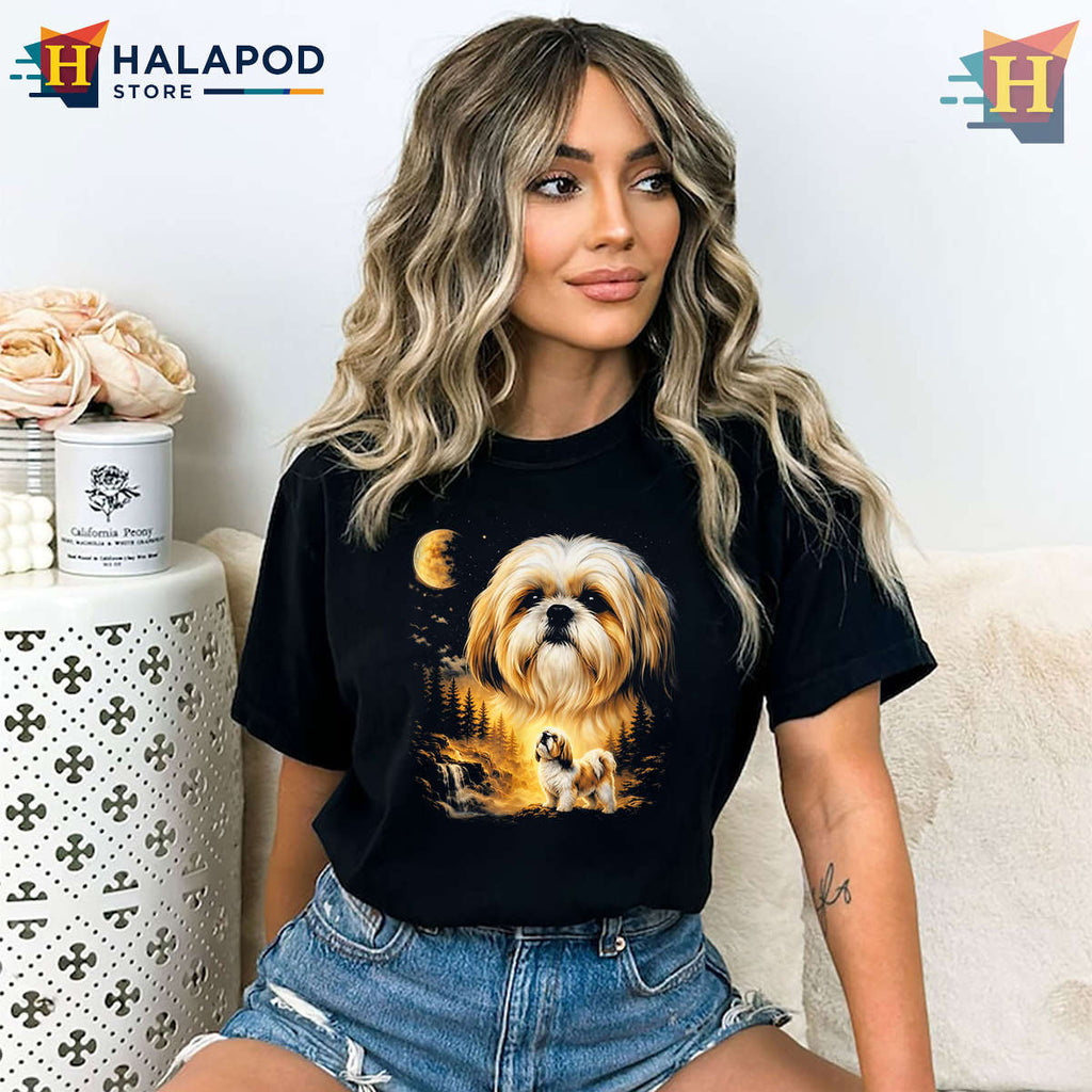 Classic Pet Lover Tee Shih Tzu Howling Moon Shirt Vintage 90s Dog Art