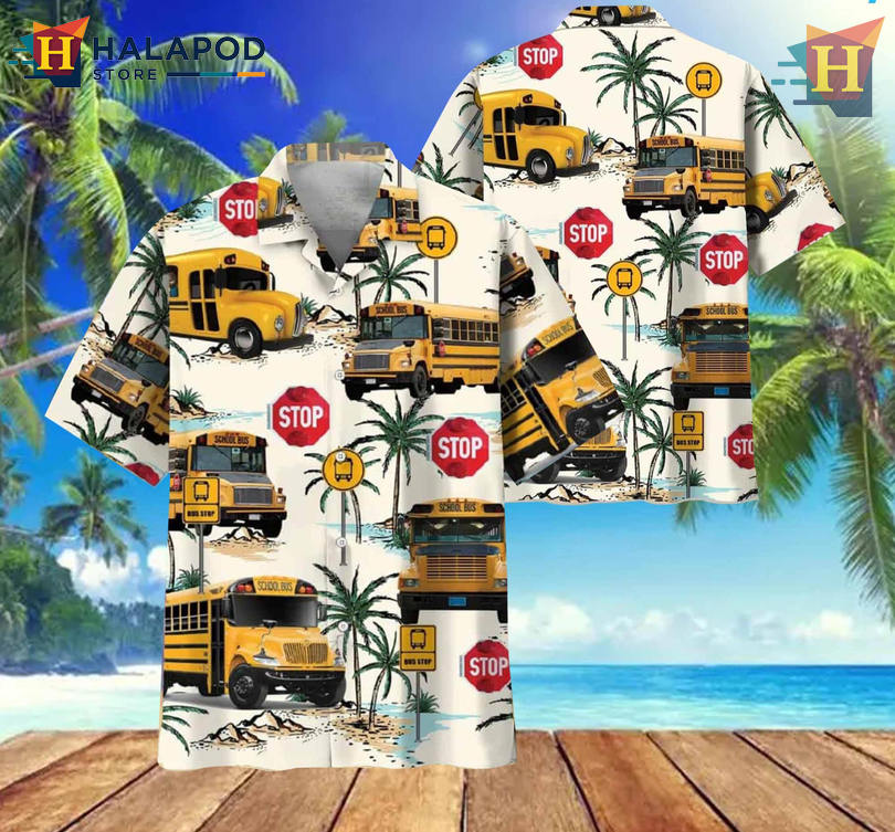 Classic School Bus Graphic Button Up Tropical Shirt Teacher Driver Gift Style