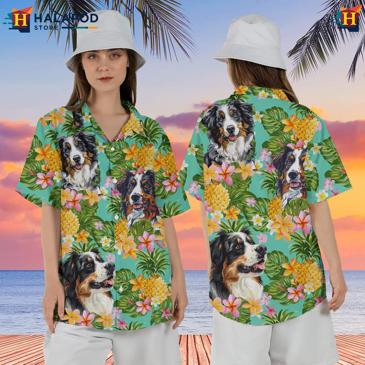 Collie Dog Aloha Shirt Mens Tropical Summer Casual Beach Button Down Tops