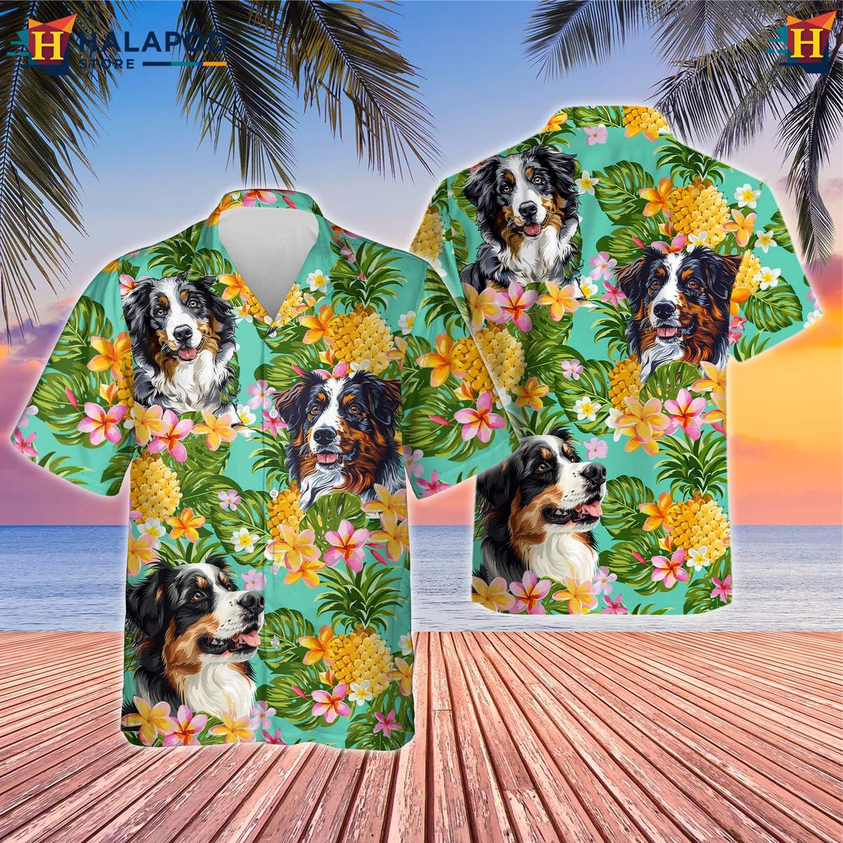 Collie Dog Tropical Shirt Mens Tropical Summer Casual Beach Button Down Tops