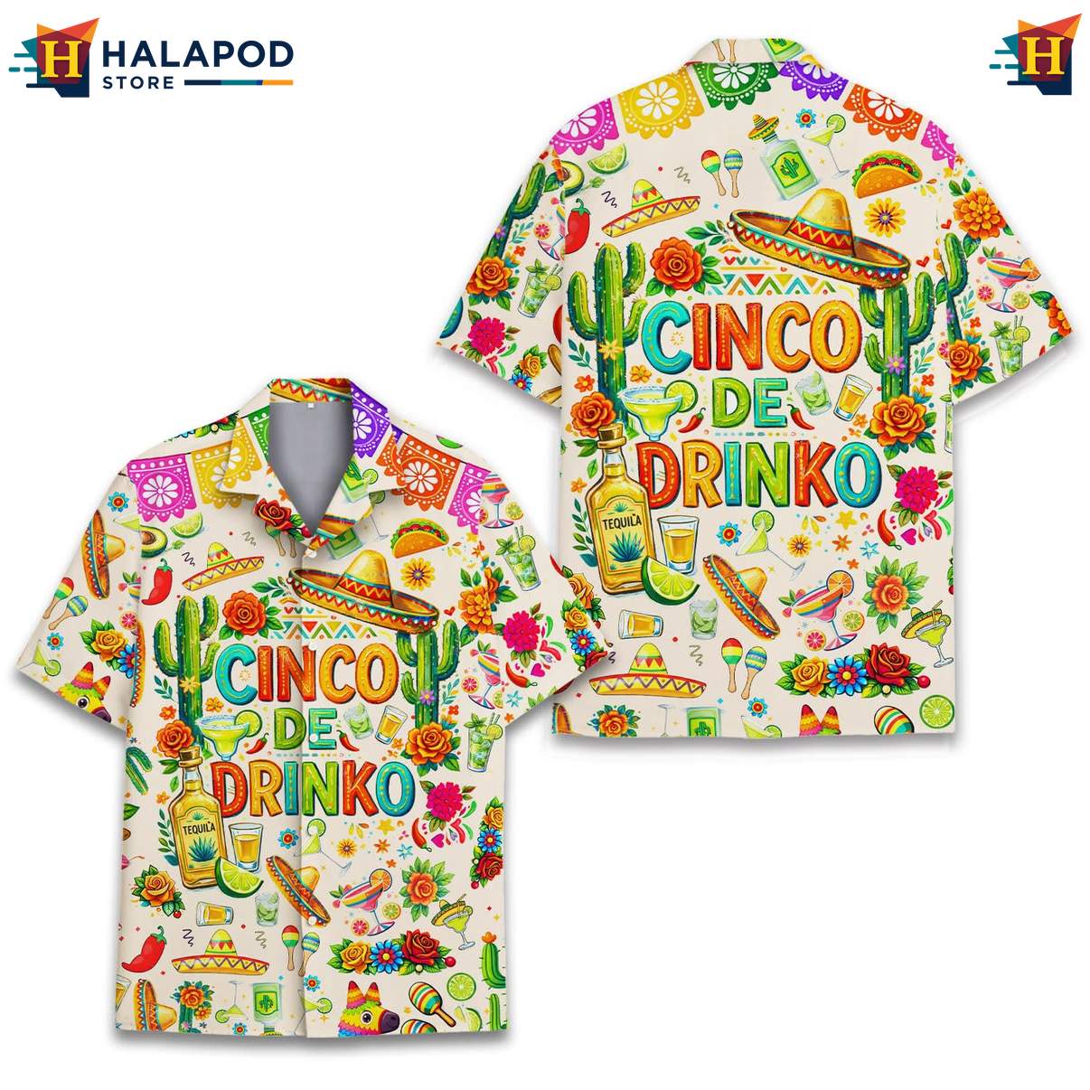 Colorful Cactus Aloha Shirt, Cinco De Drinko Festive Summer Shirt For Men
