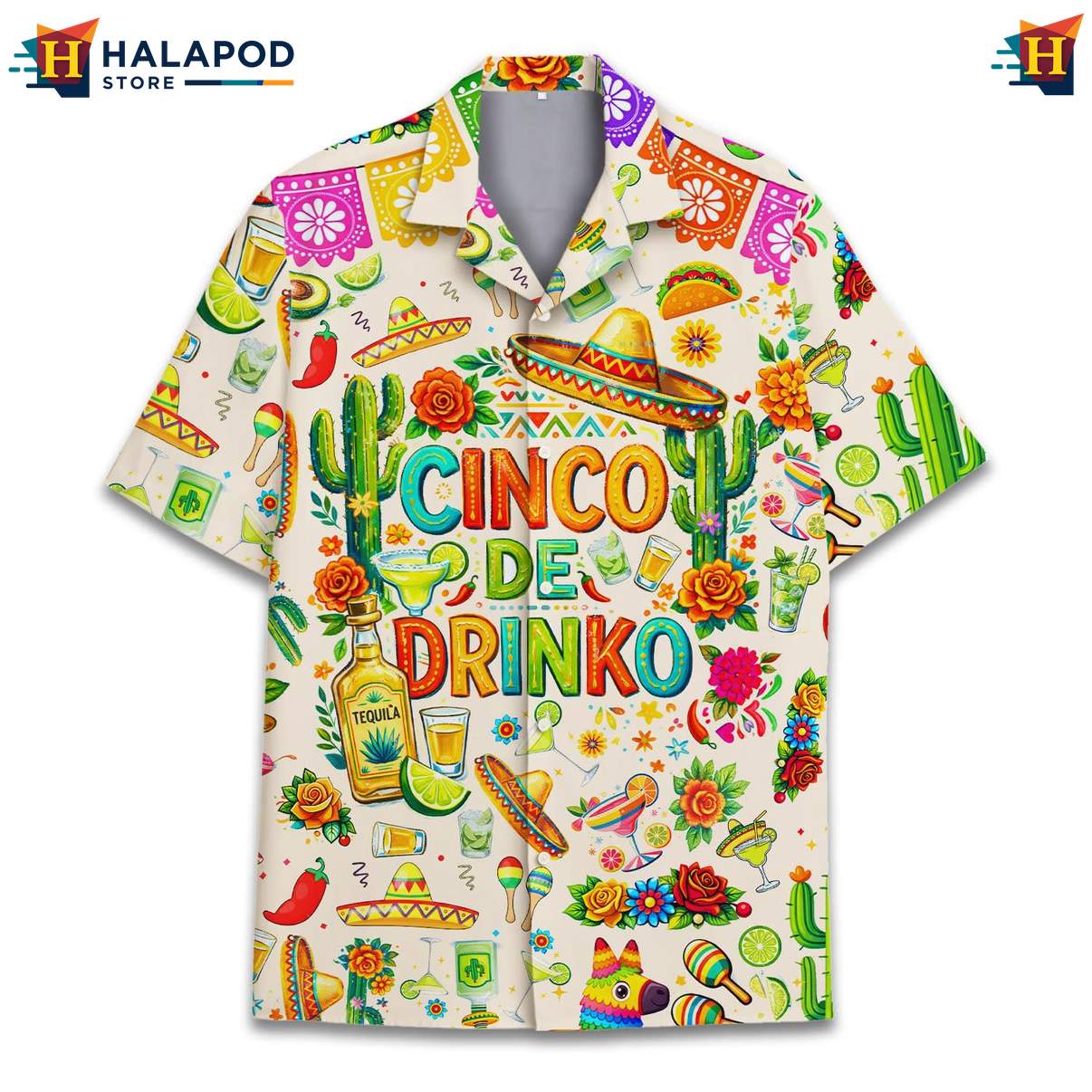 Colorful Cactus Short-sleeve button-up shirt, Cinco De Drinko Festive Summer Shirt For Men