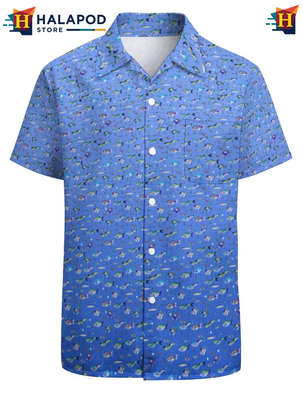 Colorful Fish Aloha Shirt, Tropical Button Up Shirt For Fishing Enthusiasts
