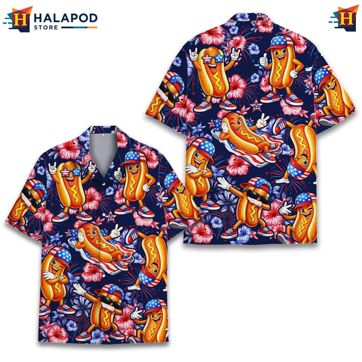 Colorful Hot Dog Short-sleeve button-up shirt, Navy Summer Button Down With Playful Floral Design