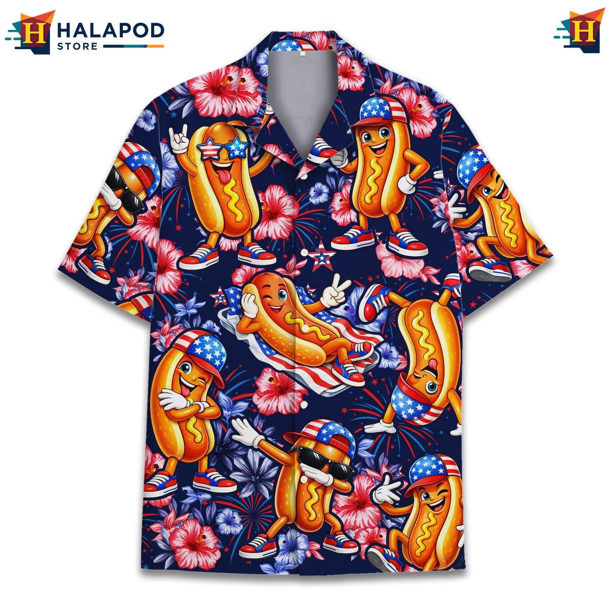 Colorful Hot Dog Tropical Shirt, Navy Summer Button Down With Playful Floral Design