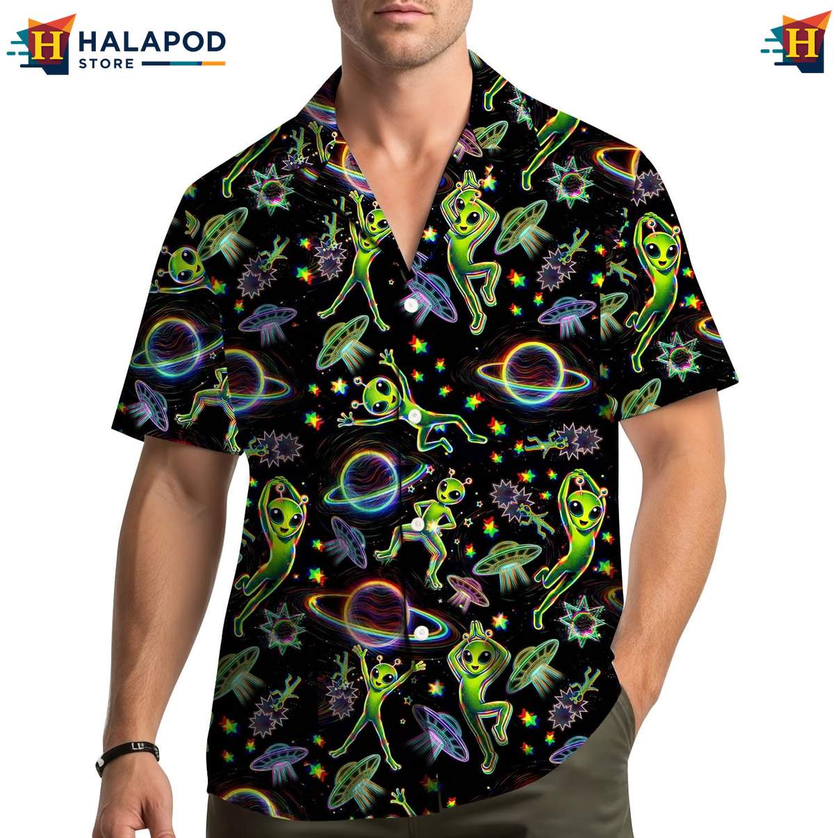Cool Alien Hawaiian Shirt, Black Summer Shirt With Vibrant Cartoon Aliens And Stars
